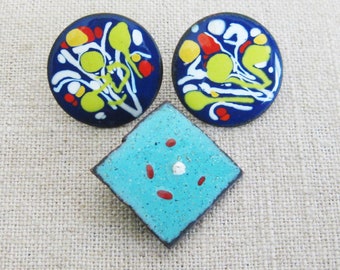 Mid-Century Copper Enamel Earrings and Brooch, Colorful Blue Jewelry Gift for Her