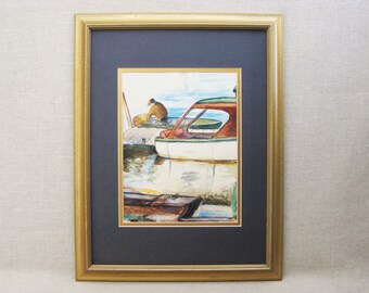 Vintage Boat Landscape Painting, Watercolor Original Framed Boat Dock, Nautical Mid-Century Wall Art