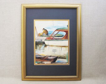 Vintage Male Portrait Landscape Watercolor Painting Boat Dock Waters Edge Framed Original Fine Art