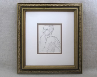 Small Original Male Portrait Drawing, Pencil on Paper Framed Original, Fine Art Hilda Wilson Chicago Artist