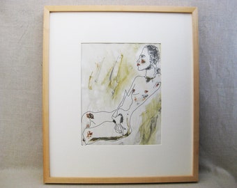 Contemporary Female Portrait Drawing, Ink and Watercolor Original, Framed Wall Art Home Décor