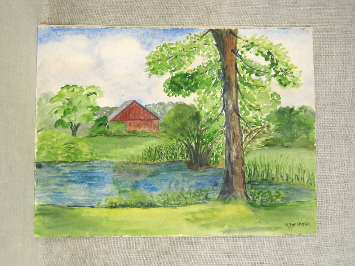 Painting Vintage Barn Landscape Painting Watercolor Framed Original