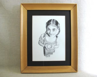 Female Child Portrait Drawing, Framed Original Wall Art, Vintage Pen and Ink Illustration