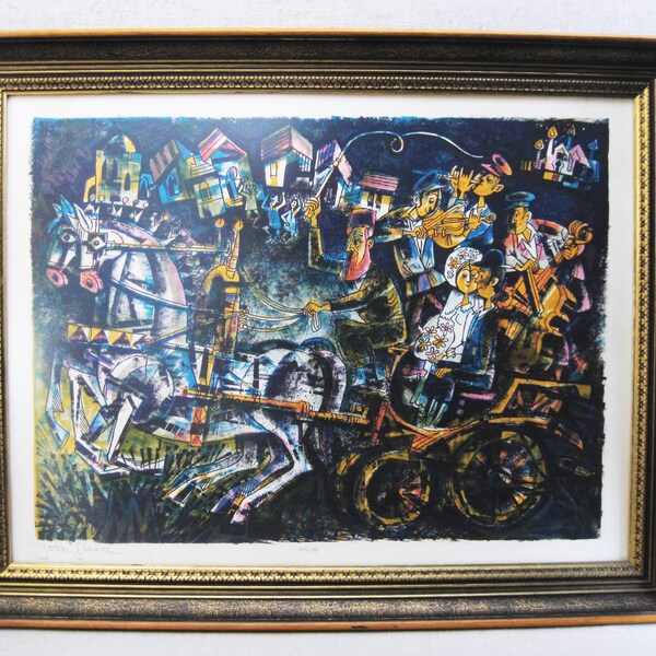 Vintage Jewish Art Signed Lithograph by Yossi Stern Judaica Wedding Theme Original Fine Art Print