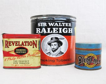 Vintage Tobacco Tins Metal Box Sir Walter Raleigh, Tinder Box, Revelation Storage Organization