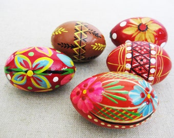 Red Vintage Wooden Eggs Hand Painted Folk Art Easter Décor European Style