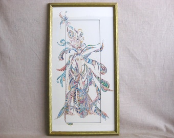 Vintage Female Portrait Fashion Illustration, Framed Original Art Costume Design