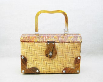 Vintage Lucite and Rattan Handbag, Small Basket Purse Mid-Century Summer and Cruise Wear Accessories