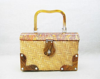 Vintage Lucite and Rattan Handbag Small Basket Purse Mid-Century Summer and Cruise Wear Accessories