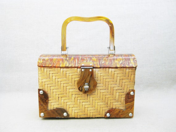 Vintage Lucite and Rattan Handbag Small Basket Pu… - image 1