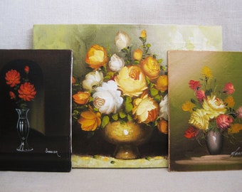 Vintage Floral Still Life Paintings Collection Group of 3 Unframed Flower Wall Art Originals