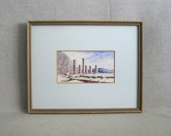 Vintage Landscape Painting, Island of Crete Watercolor Original Framed Architectural Décor