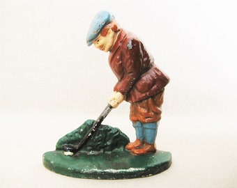 Golf Door Stop, Male Portrait Sports Theme, Vintage Cast Iron Hubley Style Metal Art Housewarming Gift