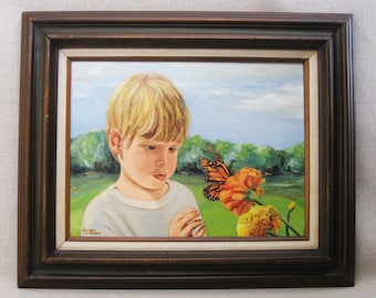 Vintage Male Child Portrait Painting of Boy in Garden with Butterfly Framed Original Fine Art