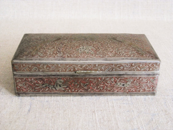 Wood Lined Metal Desk and Dresser Box, Vintage Storage and Organization Animal Motif Masculine