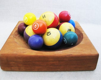 Vintage Pool Balls in Wooden Bowl, Decorative Game Room and Man Cave Décor