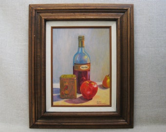 Fruit and Wine Still Life Painting, Framed Original Vintage Merlot Wall Art Kitchen Dining Room Décor