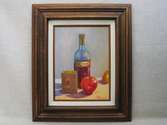 Vintage Painting Still Life with Fruit and Wine Bottle Framed Original Art