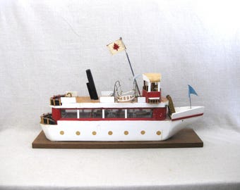 Primitive Folk Art Wooden Ship Sculpture, Canada Handmade Boats Nautical Beach House and Coastal Home Décor