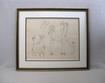 Vintage Figural Ink Drawing, Robert George Gilberg, Framed Original Mid-Century Wall Art