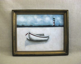 Moody Beach Landscape Painting, Original Framed Boat Coastal Home Décor Housewarming Gift