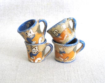Ceramic Doll Mug with White Rabbit Bunny Design, Miniature Vintage Handmade Painted Cup, Rustic Dollhouse