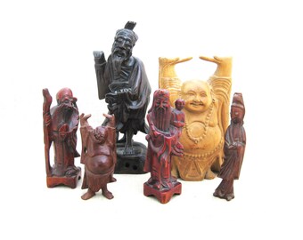 Vintage Asian Figure Carvings, Buddha 8 Immortals Figurine Collection Shelf Décor