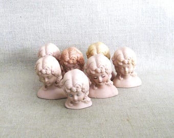 Vintage Bisque Dolls Heads of Ceramic, 7 Miniatures for Doll Making and Repair