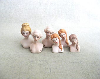 Vintage Bisque Dolls Heads of Ceramic, 6 Miniatures for Doll Making and Repair
