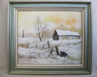 Snowy Winter Landscape Painting, Vintage Rural Barn, Large Framed Original Rustic Wall Art Signed Hopkins