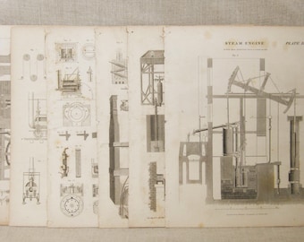 Vintage Book Plate, Edinbugh Encyclopedia, Engraved by Moffat, Steam Engine, Mechanical Illustration