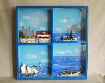 Nautical Folk Art Coastal Sculpture Assemblage Diorama, Shadow Box Vintage Beach House Home Décor