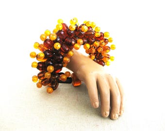 Handmade Beaded Bracelet, Large Statement Folk Art Jewelry, Sea Urchin Orange Recycled Materials