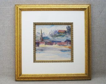 Vintage Landscape Watercolor Painting Urban Waterfront River Framed Original Fine Art Housewarming Gift