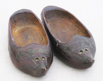 Vintage Clogs Wooden Shoes Hand Carved Miniature Folk Art European Style Footwear Pair Rustic Cabin Décor