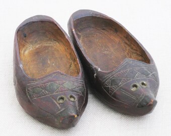 Vintage Clogs Hand Carved Wood Miniature Folk Art European Style Wooden Shoes Pair