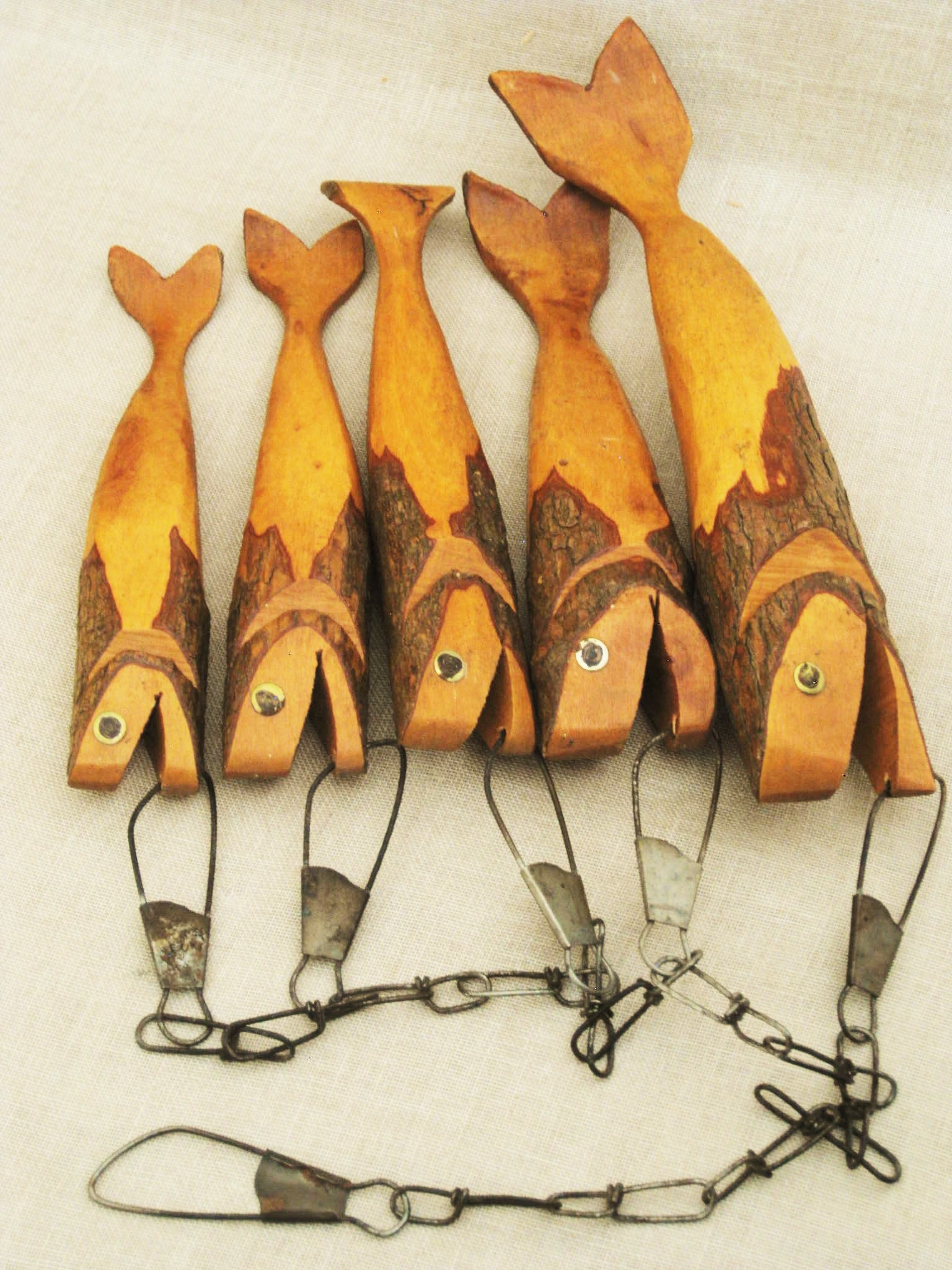 Vintage Folk Art Strung Hand Carved Wooden Fish, Handmade Wood Carvings