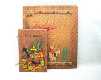 Vintage Scrapbook Photo Album, Wooden Folk Art Style Mid-Century Hollywood Rustic Décor