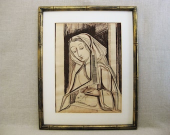 Vintage Female Portrait Ink Drawing, Vicente Brito, Framed Original Fine Art, Mid-Century Wall Decor