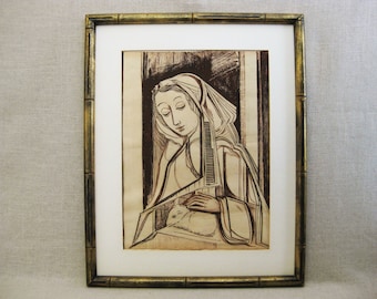 Mid-Century Female Portrait Drawing, Original Ink on Paper, Framed Vintage Wall Art Vicente Brito Home Décor