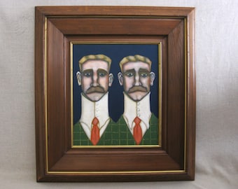 Surreal Male Portrait Painting, Siamese Twins Framed Original Fine Art Odd and Unusual