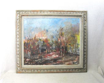 Large Mid-Century Fall Landscape Oil Painting, Original Framed Woodland Vintage Wall Art Rustic Cabin Décor
