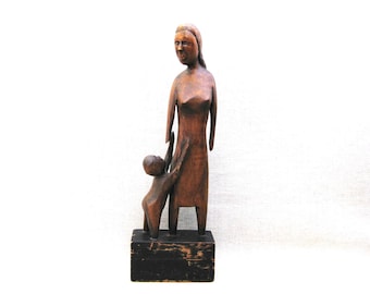 Mid-Century Folk Art Female Portrait Carving, Mother and Child