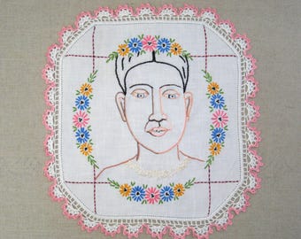 Female Portrait Hoop Art Hand Embroidery, Textile Wall Hanging on Antique Linen