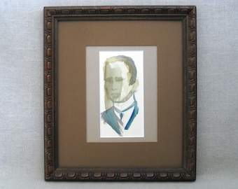 Watercolor Male Portrait Original Painting, Framed Masculine Vintage Wall Art Home Décor Housewarming Gift