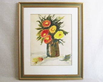 Colorful Orange Floral Still Life Painting, Framed Original Watercolor Vintage Wall Art Housewarming Gift