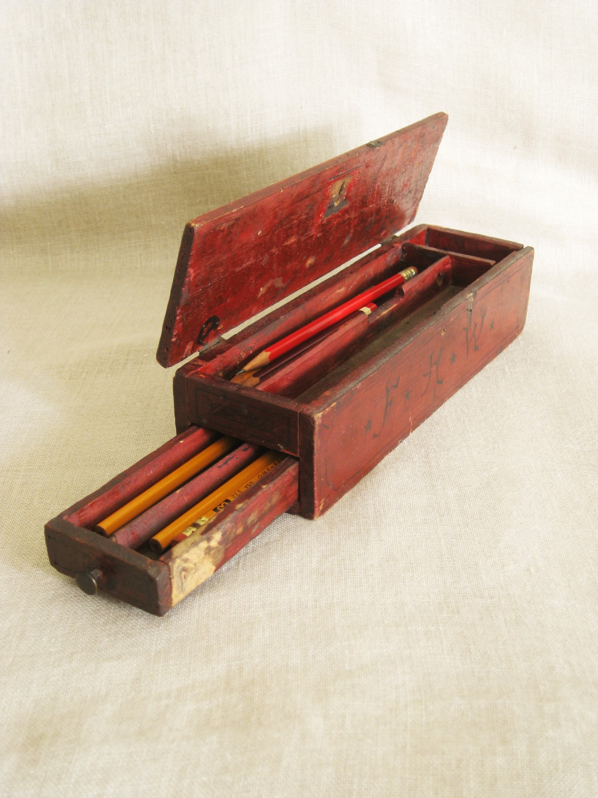 Antique Folk Art Handmade Pencil Box with Hand Painted Monogram, School