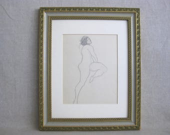 Vintage Portrait Female Nude Drawing Framed Original Fine Art Wall Décor