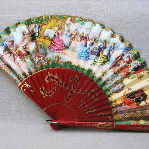 Vintage Folding Hand Fan Summer Accessories Hand Painted Wood and Paper