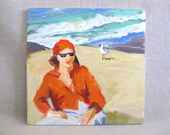 Colorful Female Portrait Beach Landscape Painting, Original Coastal Cottage Home Décor